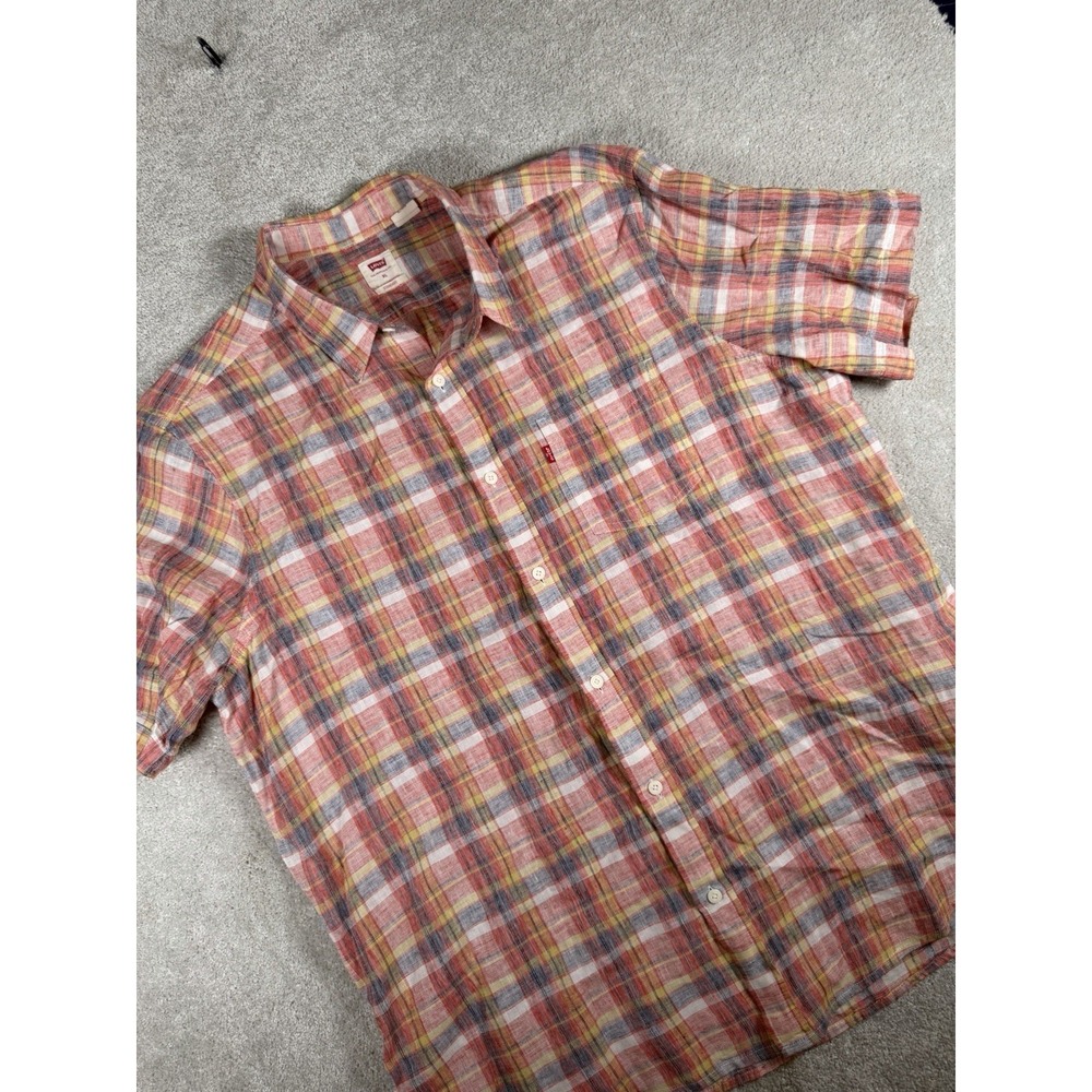 Levis Mens Linen Blend SS Button Shirt Sz. XL/Standard Fit/Red Plaid/Red Tab‎